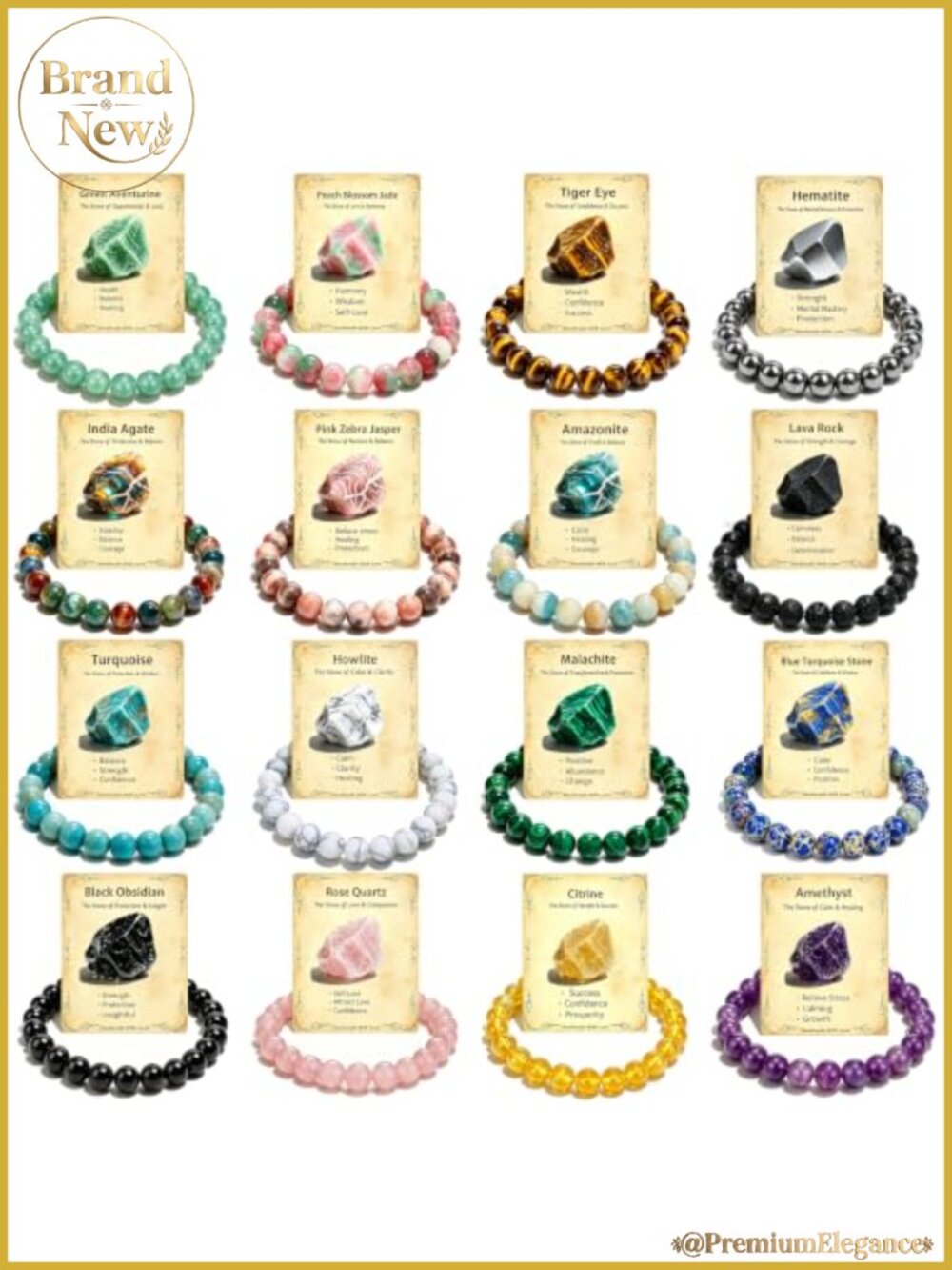 16 Pcs Natural Stone Healing Crystal Bracelets Set - 8mm Stretch Elastic Beaded